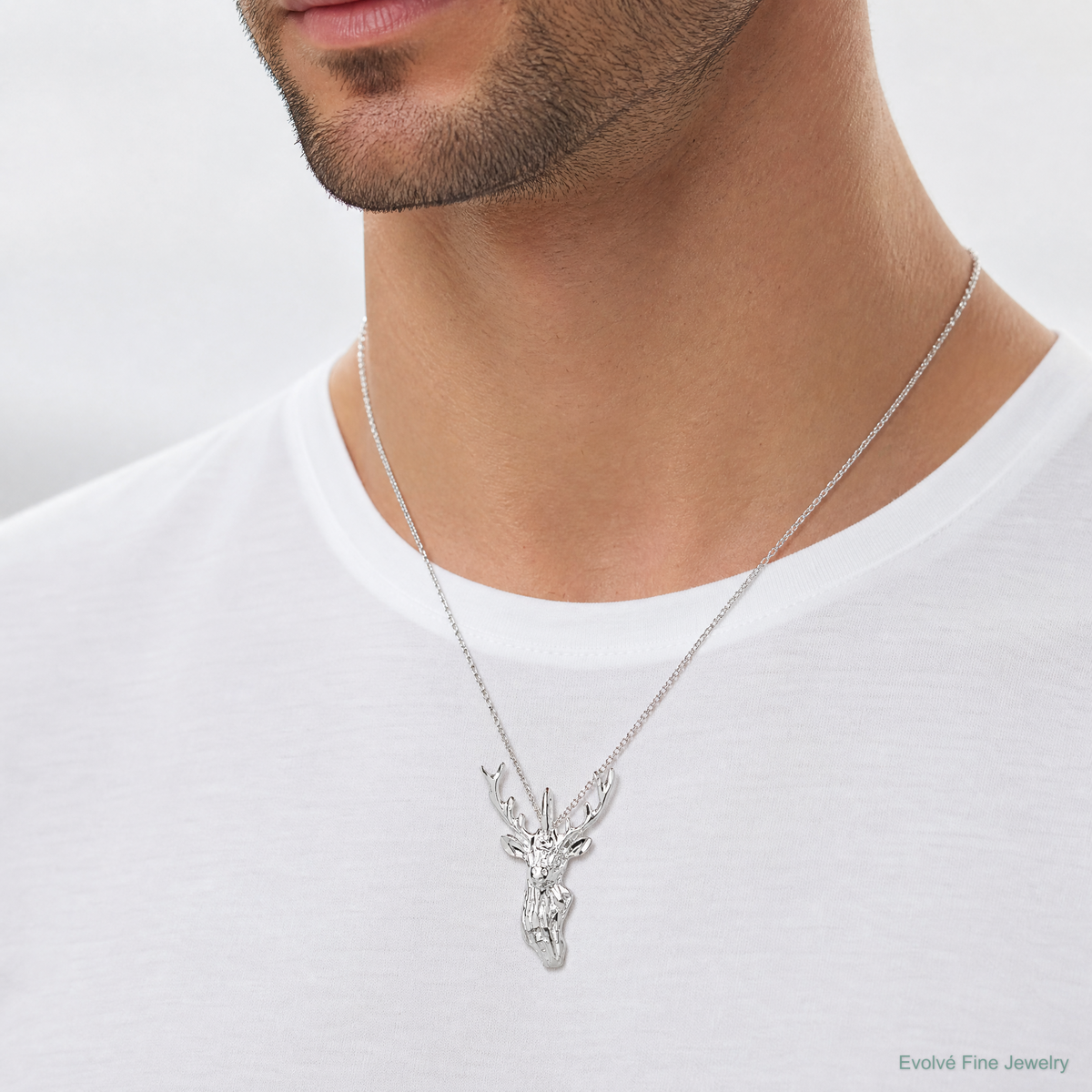 Sterling Silver Diamond Cut Deer Head Pendant - Model Shot