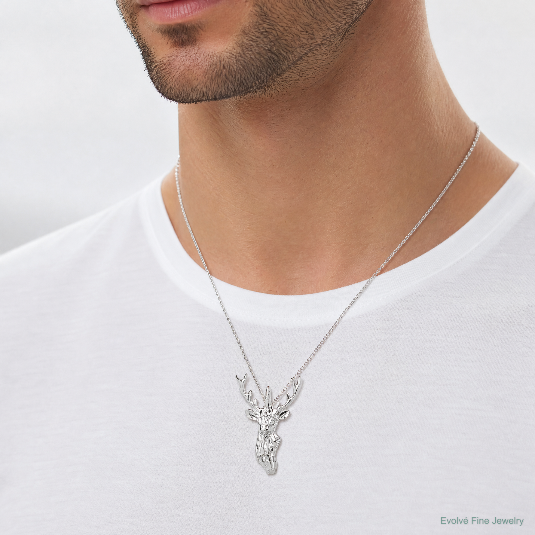 Sterling Silver Diamond Cut Deer Head Pendant - Model Shot