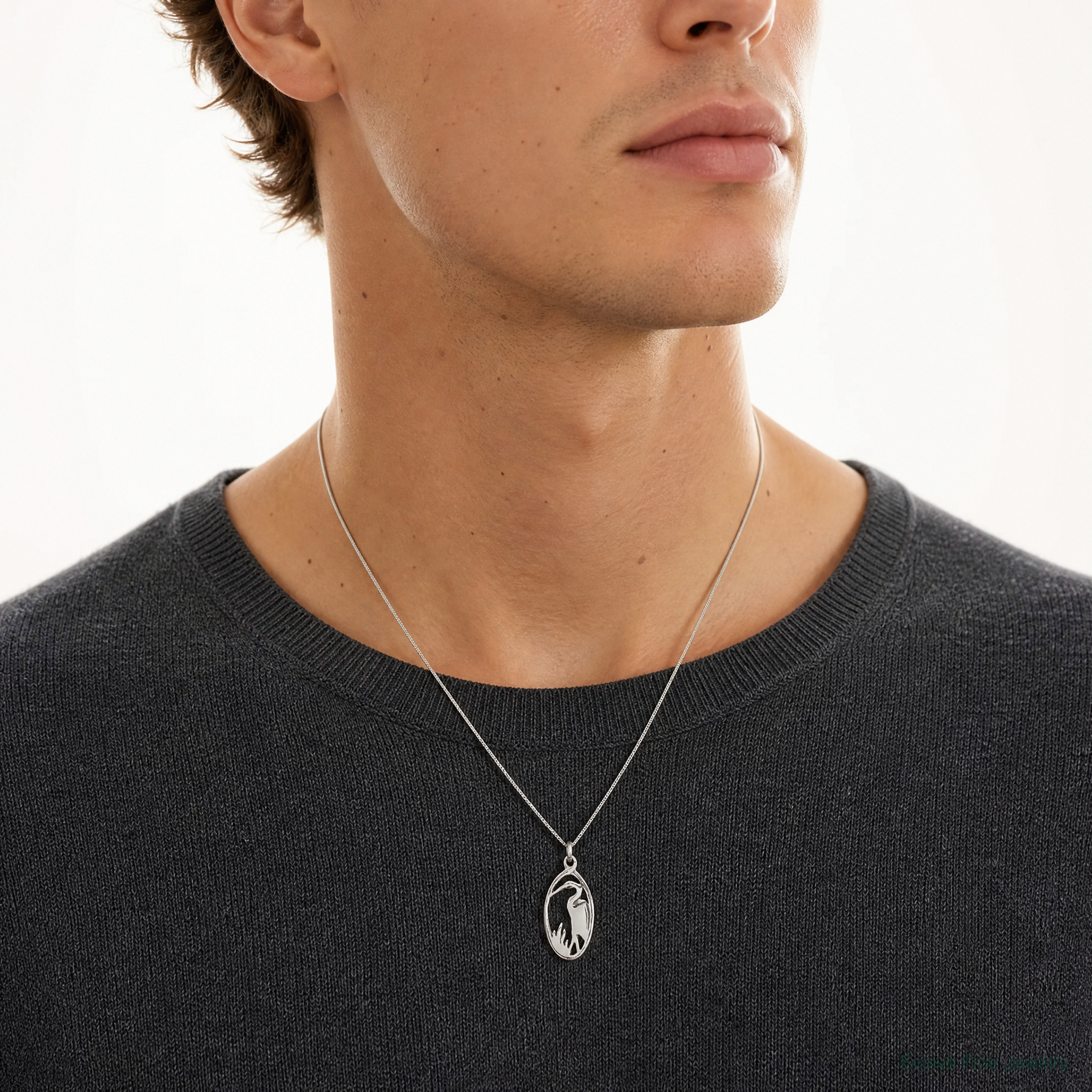 Sterling Silver Antiqued Crane in Oval Frame Charm - Model Shot
