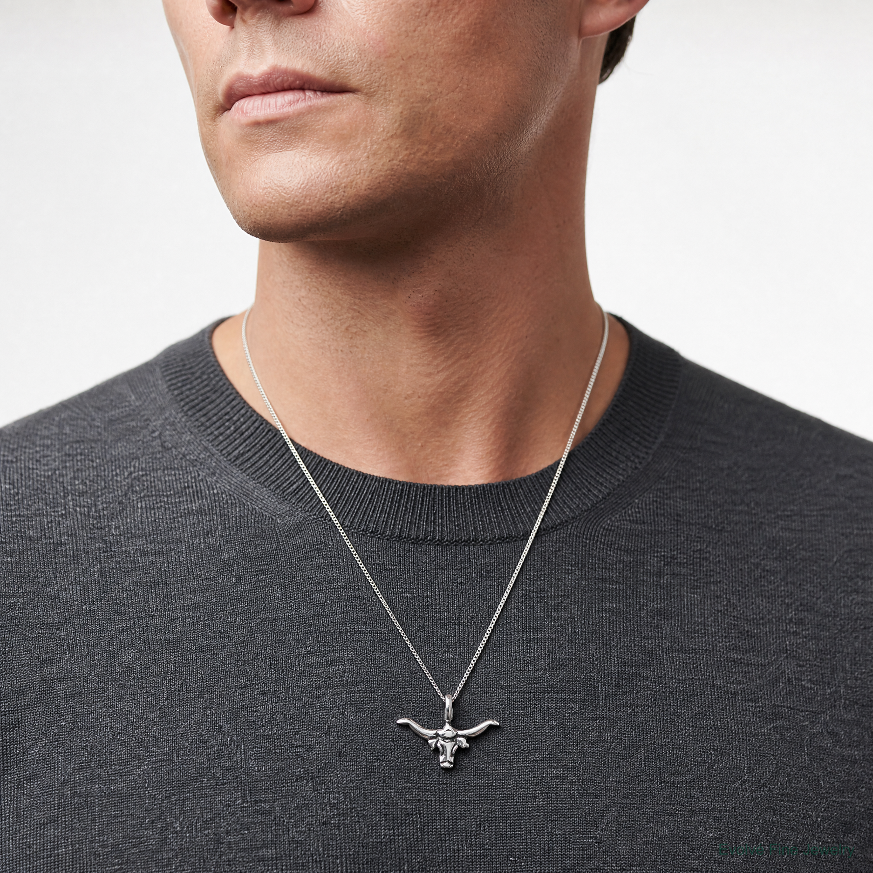 Sterling Silver Bull with Horns Pendant - Model Shot