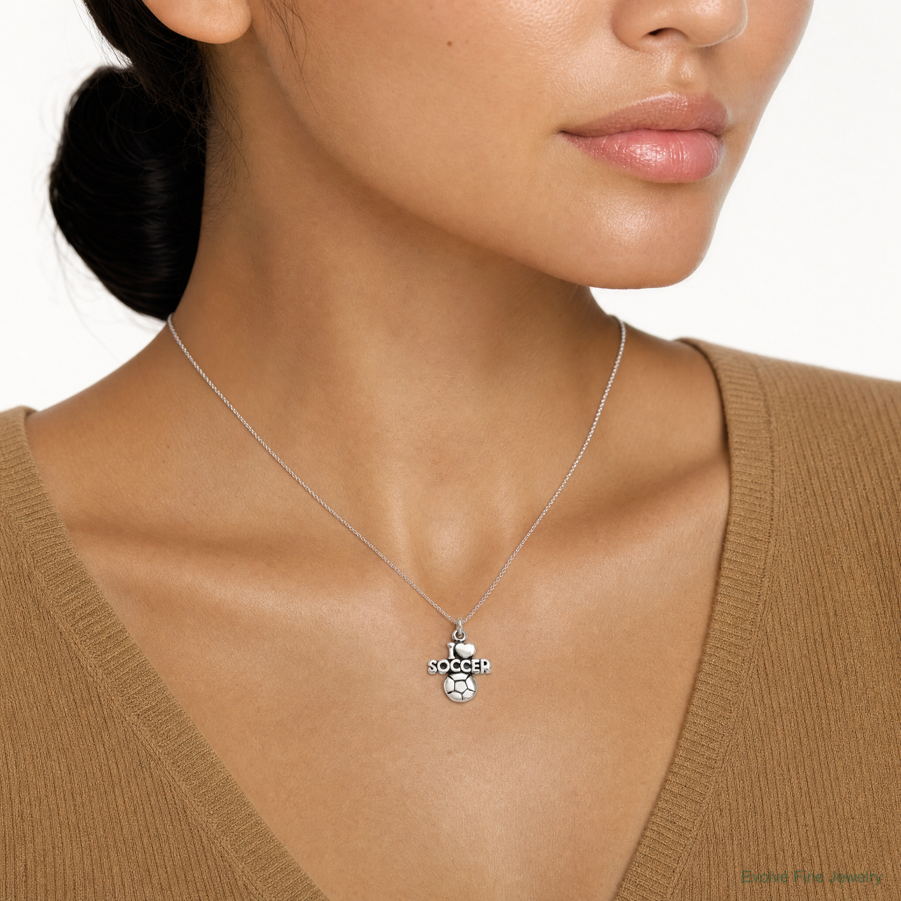 Sterling Silver Antique I (heart) Soccer Charm - Model Shot