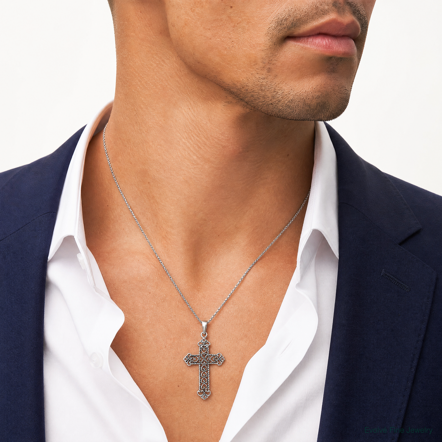 Sterling Silver Antiqued Fleur de lis Cross Pendant - Model Shot