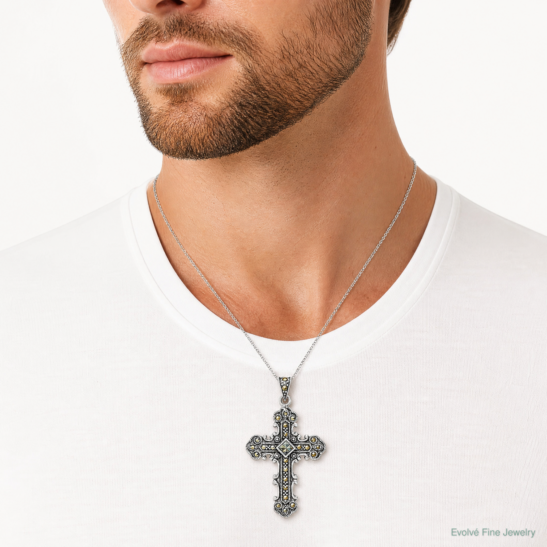Sterling Silver Antiqued Marcasite Cross Pendant - Model Shot