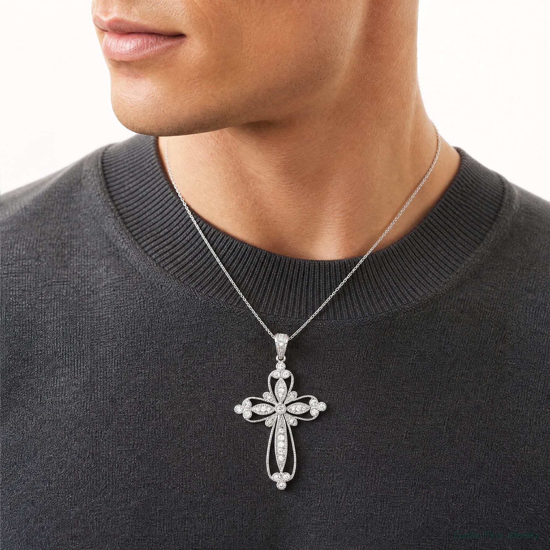 Sterling Silver Rhodium-plated CZ Filigree Cross Pendant - Model Shot