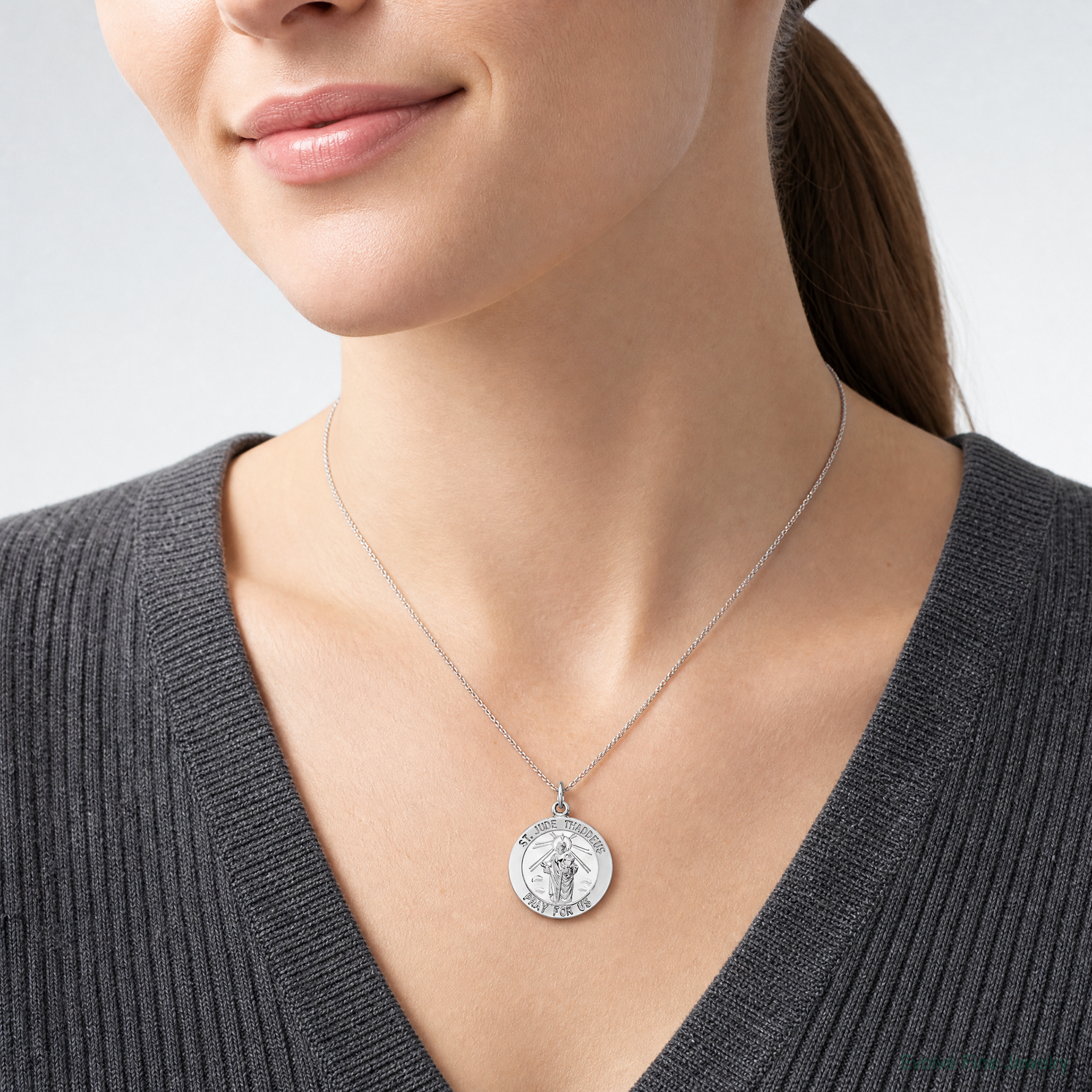 Sterling Silver Rhodium-plated Saint Jude Thaddeus Medal - Model Shot