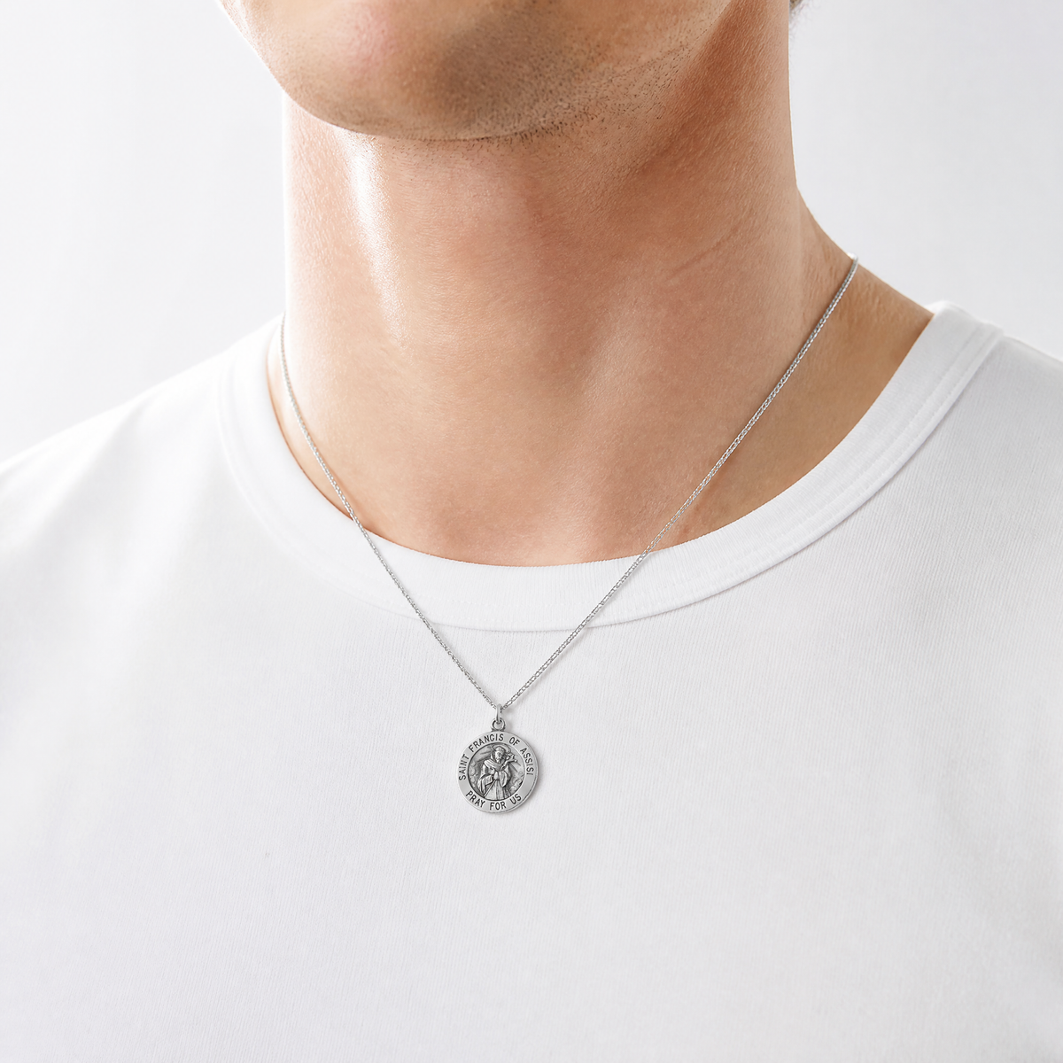 Sterling Silver Antiqued Saint Francis of Assisi Medal - Model Shot
