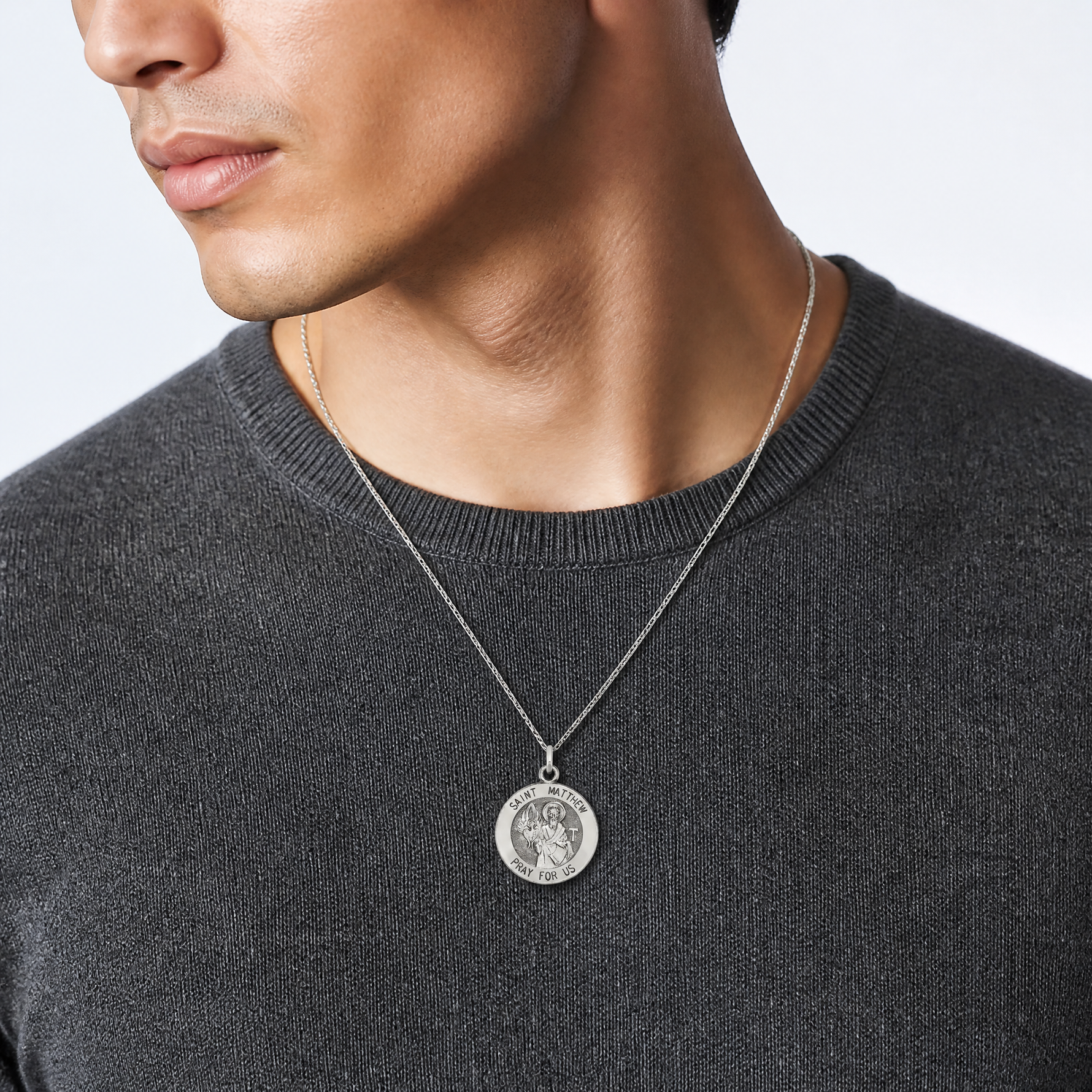 Sterling Silver Antiqued Saint Matthew Medal - Model Shot