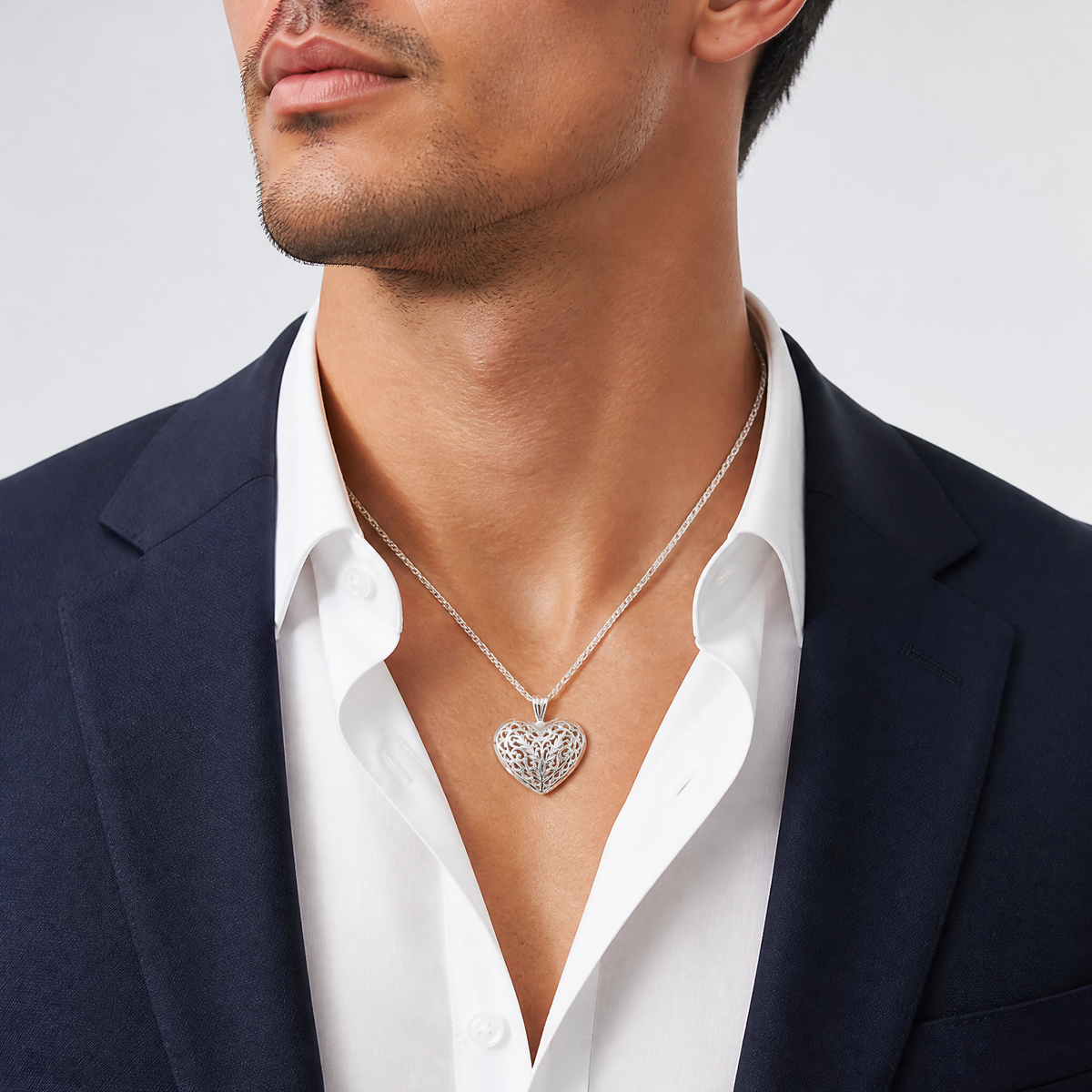 Sterling Silver Filigree Puffed Heart Pendant - Model Shot