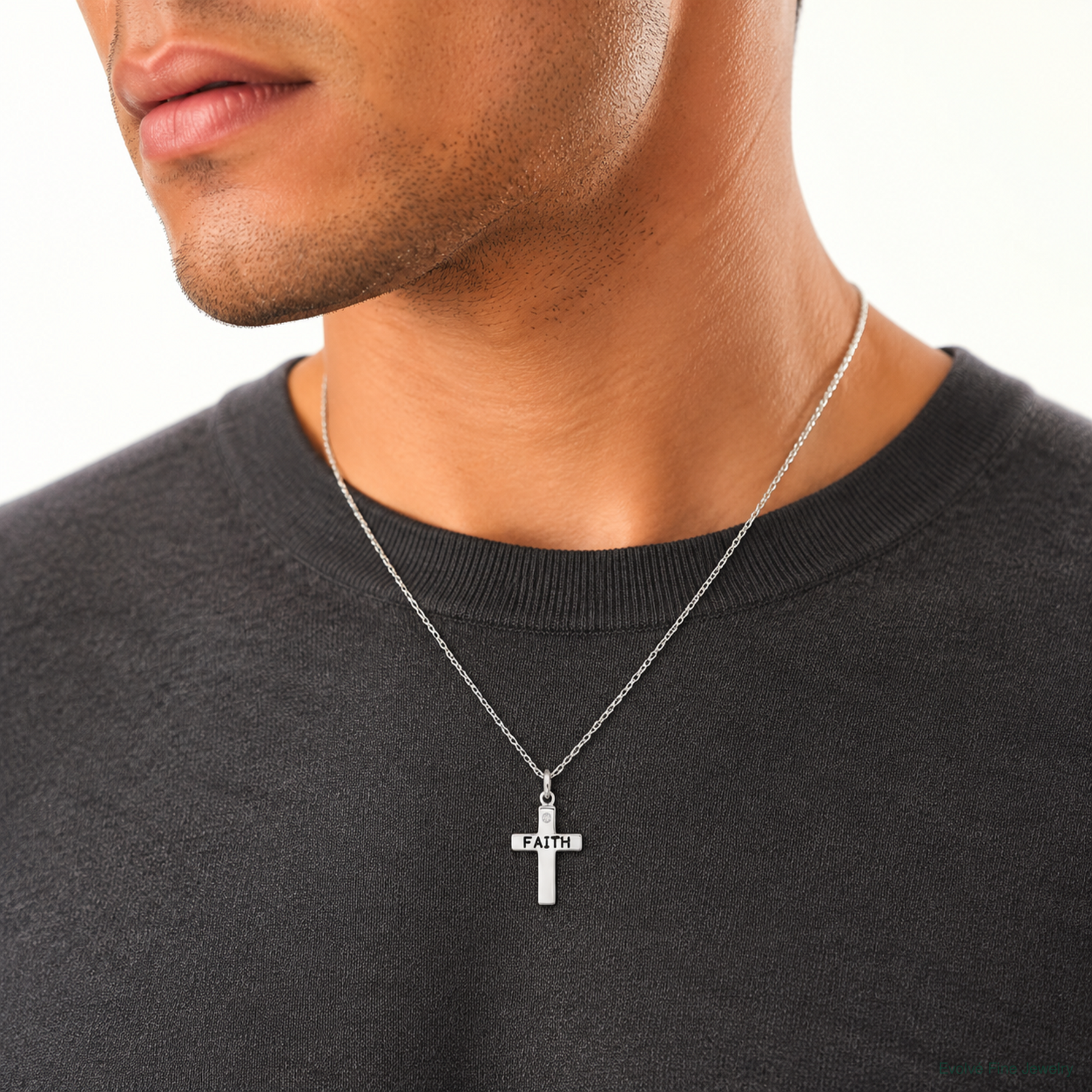 Sterling Silver Rhodium-plated Black Ink FAITH and CZ Antiqued Cross Charm - Model Shot