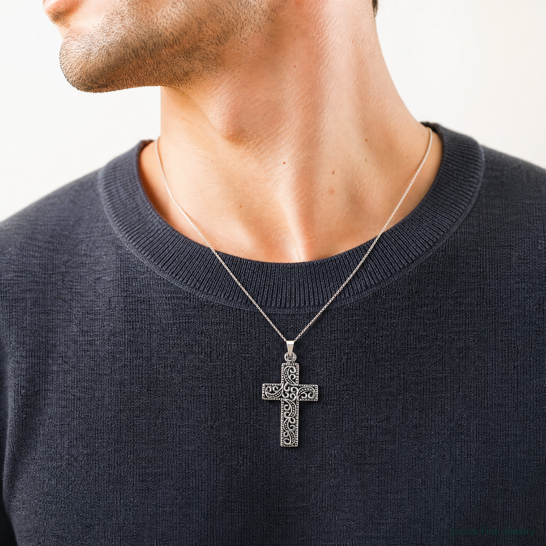 Sterling Silver Antiqued Scroll Cross Pendant - Model Shot