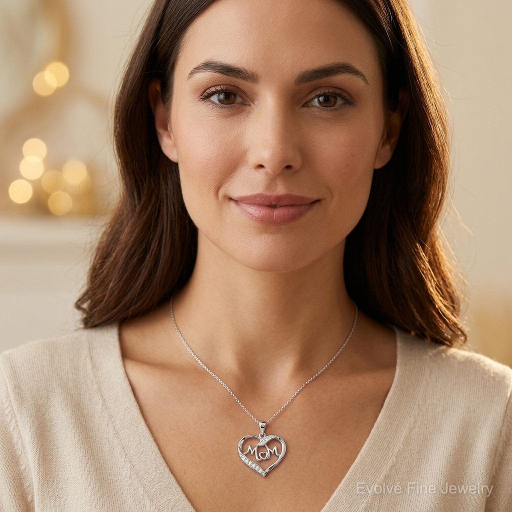 Sterling Silver Rhodium-plated MOM CZ Heart Pendant - Model Shot