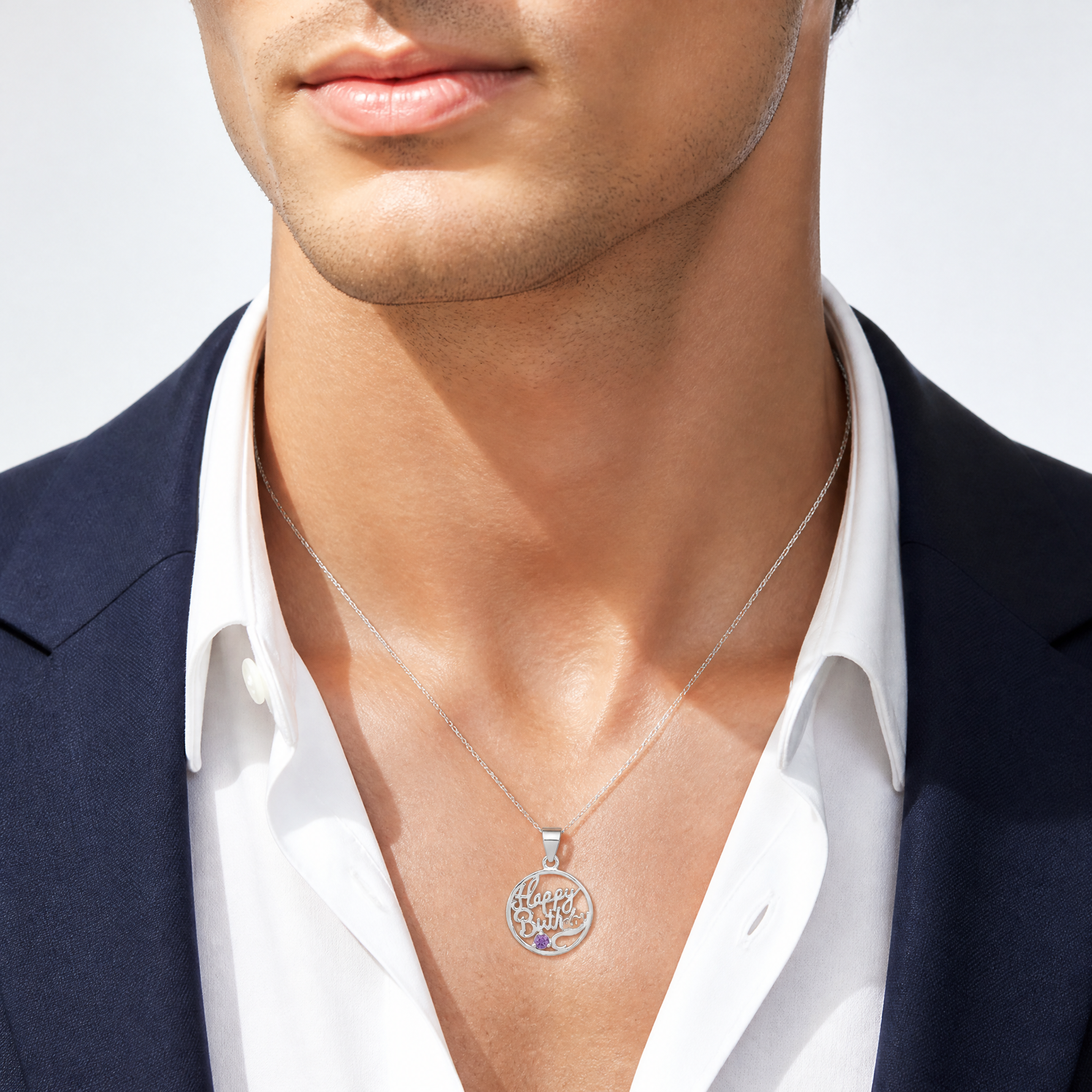 Sterling Silver Rhodium-plated Amethyst Happy Birthday Pendant - Model Shot