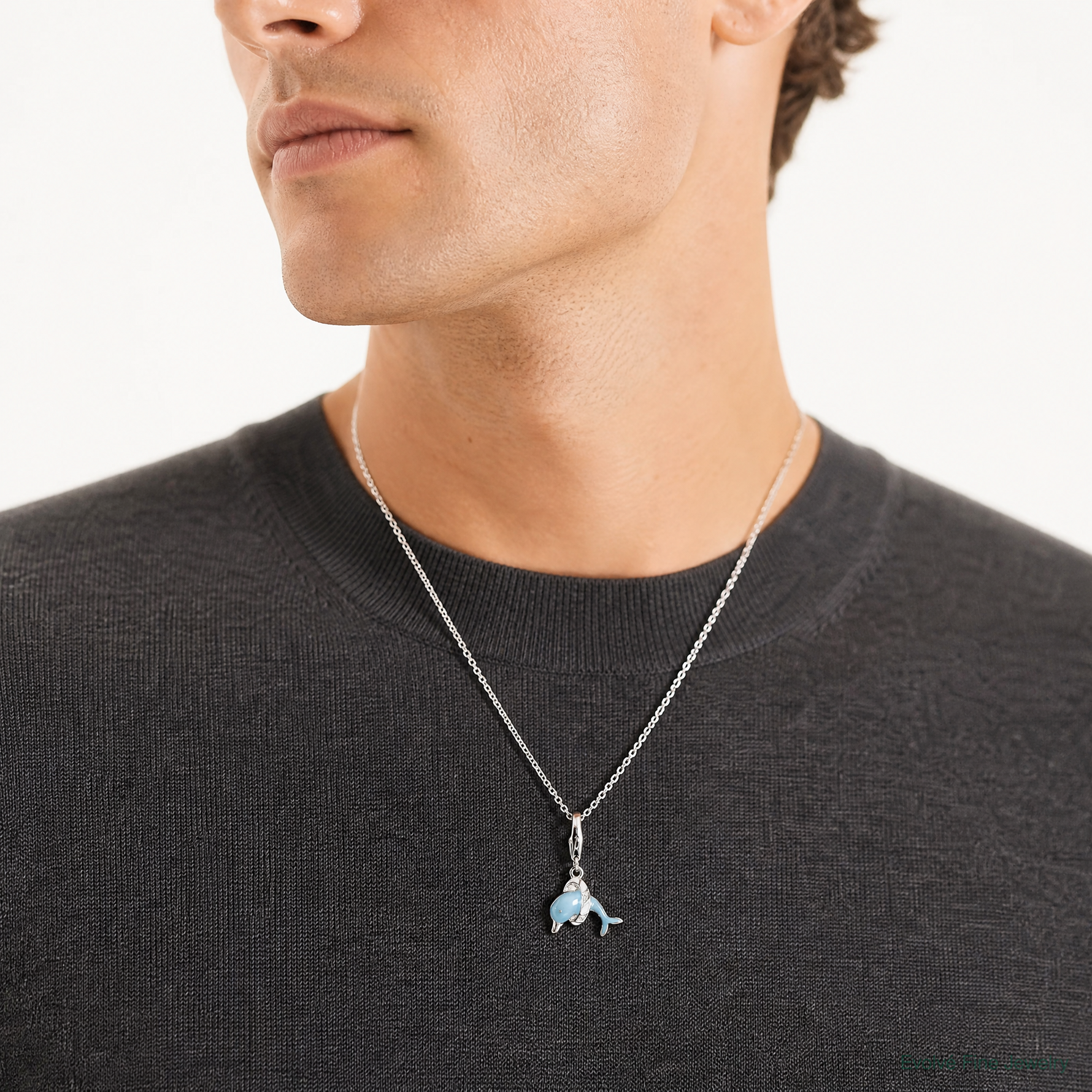Sterling Silver Rhodium-plated Enameled Dolphin with Lobster Clasp Charm - Model Shot