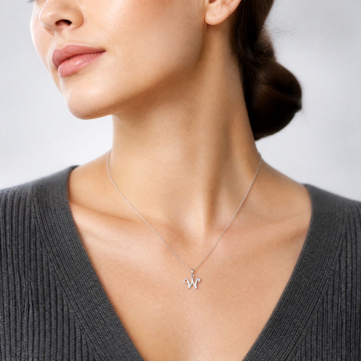 Sterling Silver Letter W Initial Pendant - Model Shot
