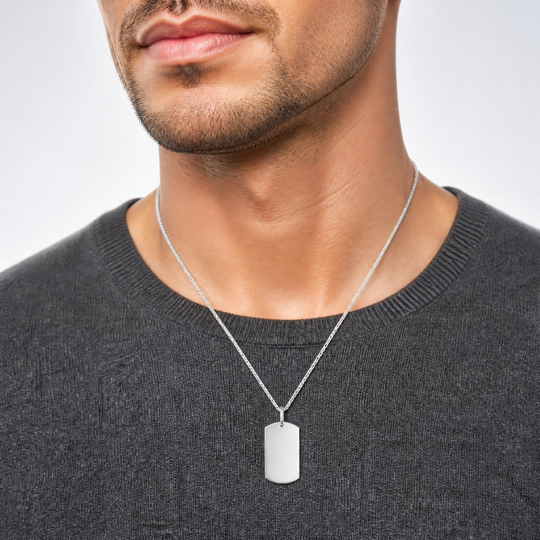 Sterling Silver Polished Dog Tag Pendant - Model Shot