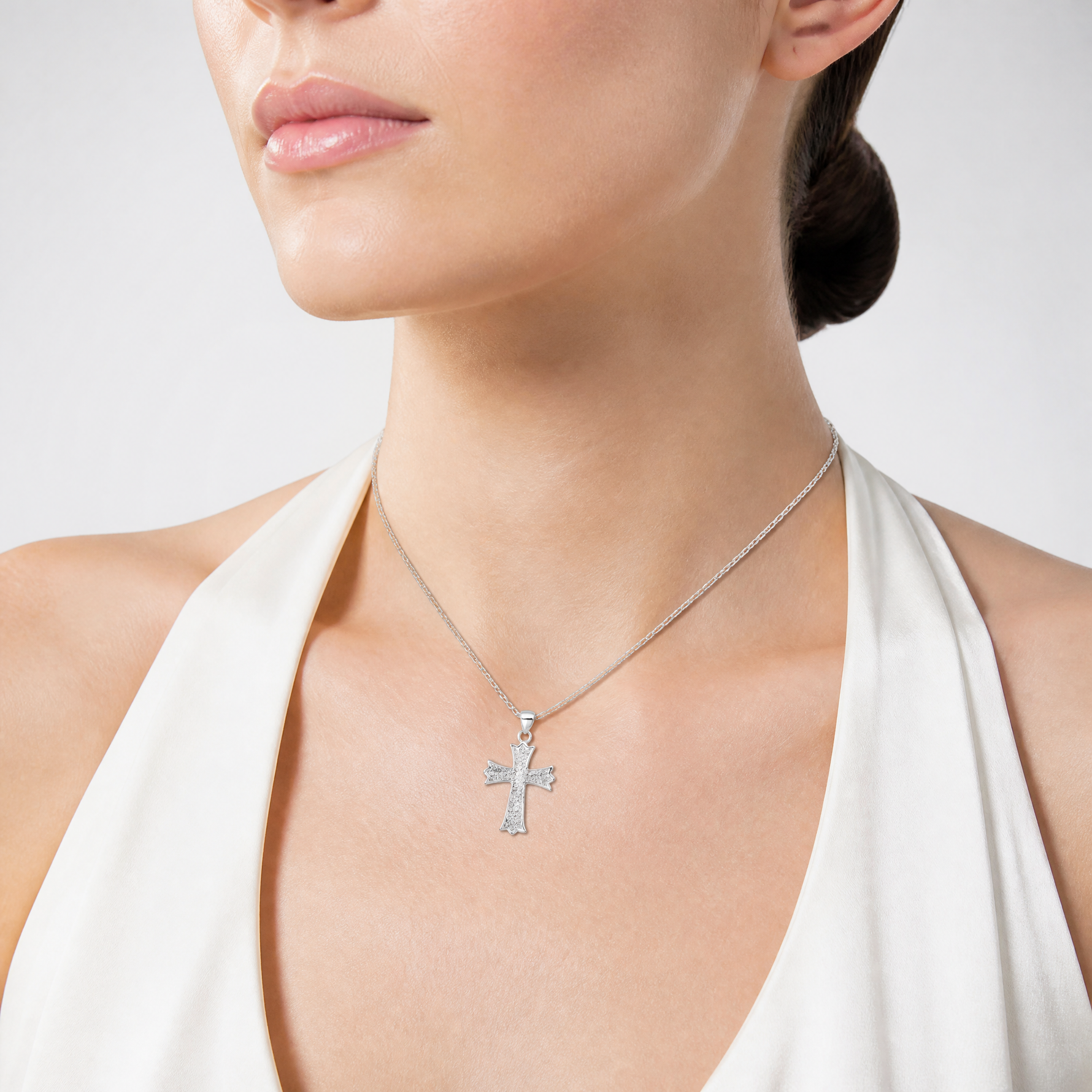 Sterling Silver Rhodium-plated Polished Filigree Cross Pendant - Model Shot