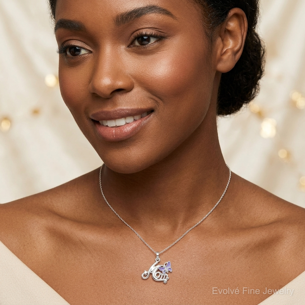 Sterling Silver Polished Mom Butterfly Enameled Charm - Model Shot
