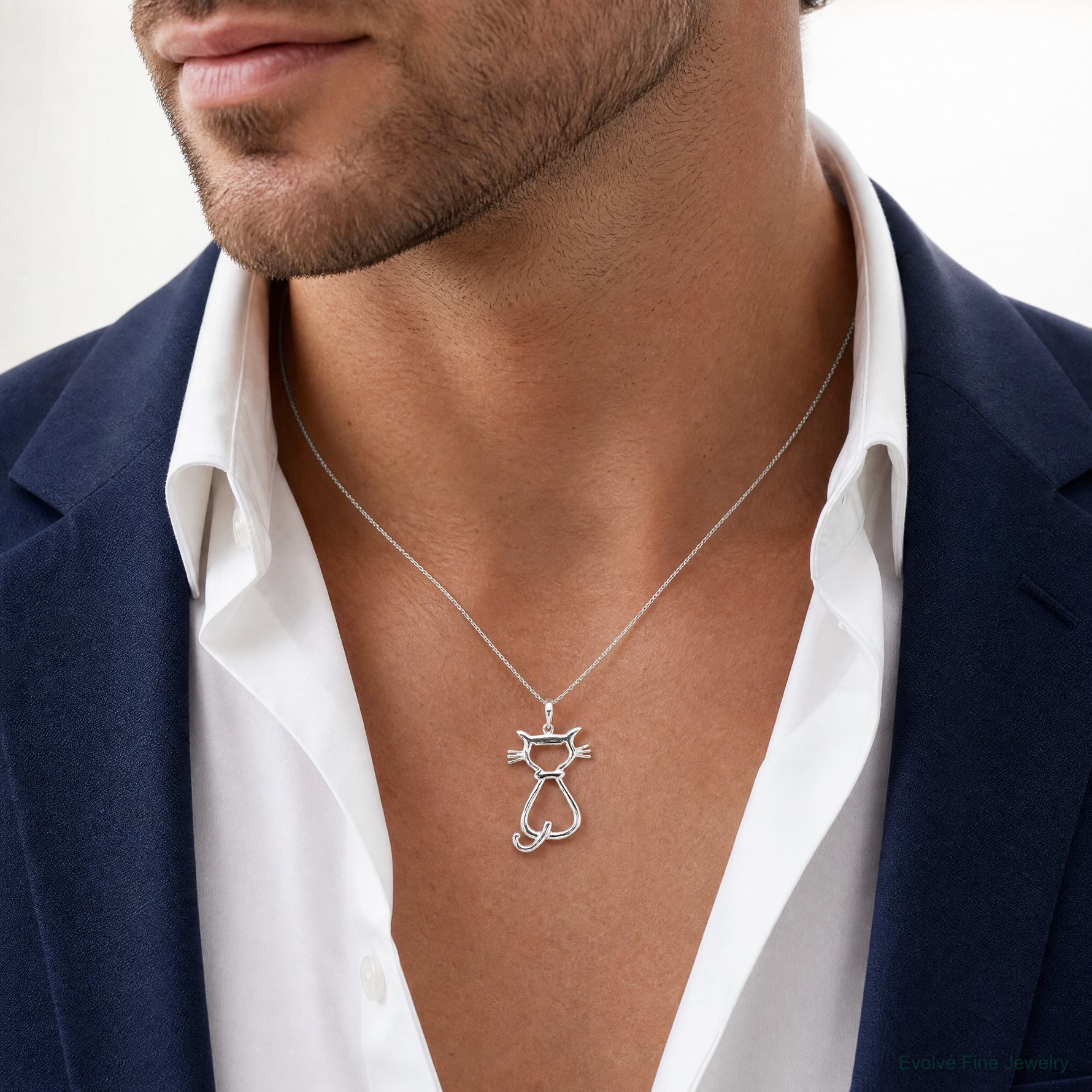 Sterling Silver Polished Cat Pendant - Model Shot