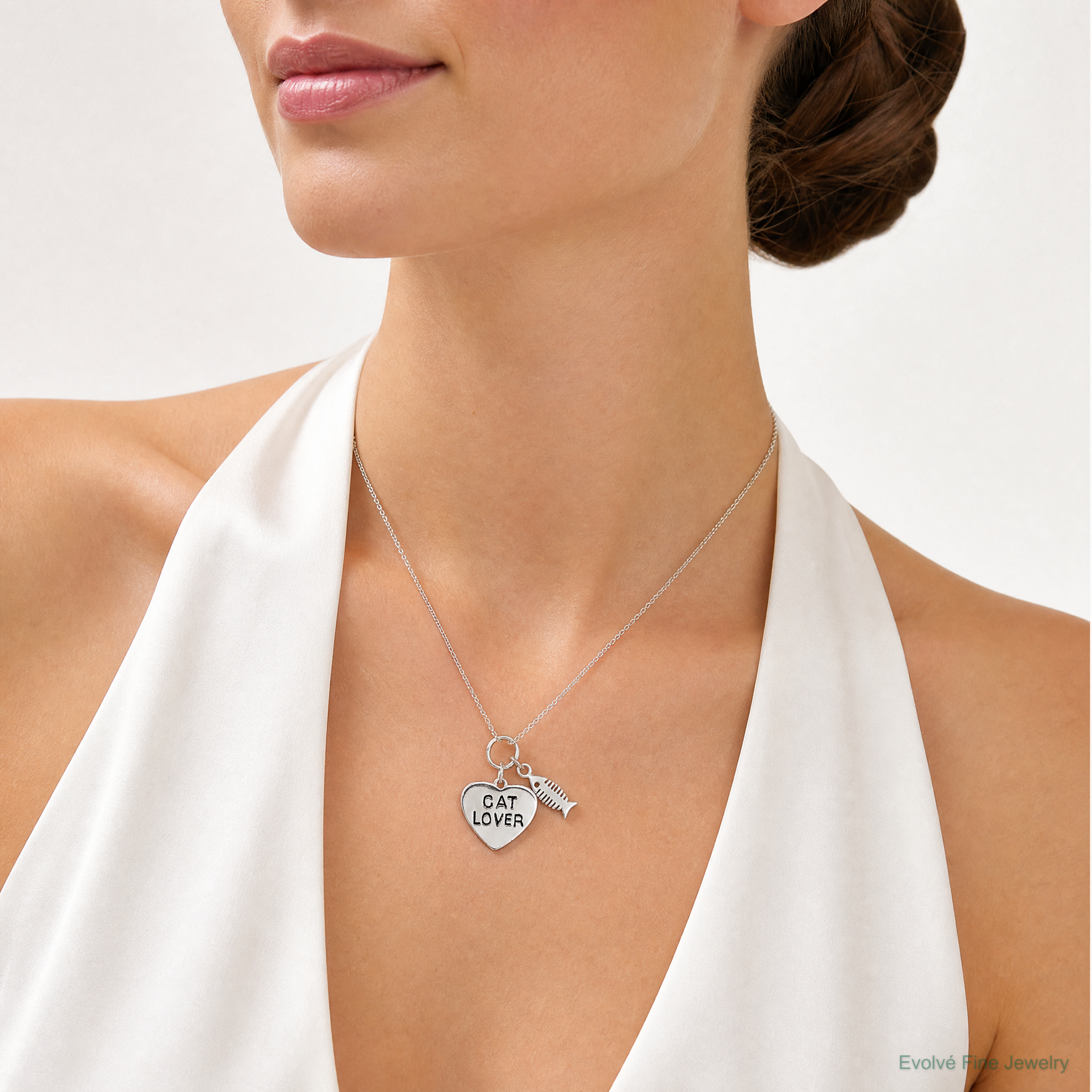 Sterling Silver Cat Lover Pendant - Model Shot