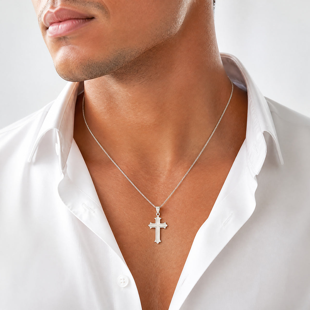 Sterling Silver Polished Textured Cross Pendant - Model Shot