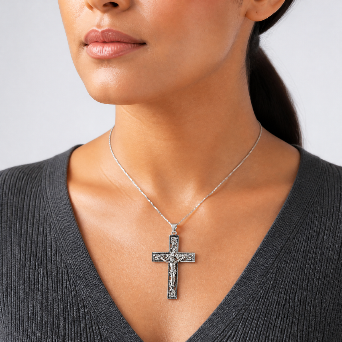Sterling Silver Antiqued Beaded Filigree Crucifix Pendant - Model Shot