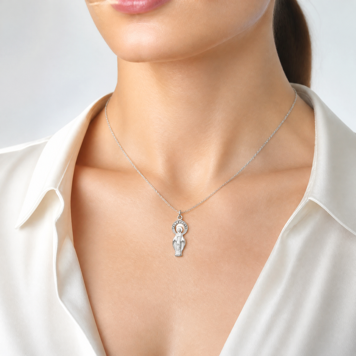 Sterling Silver Platinum-plated Polished & Satin CZ Miraculous Medal Pendan - Model Shot