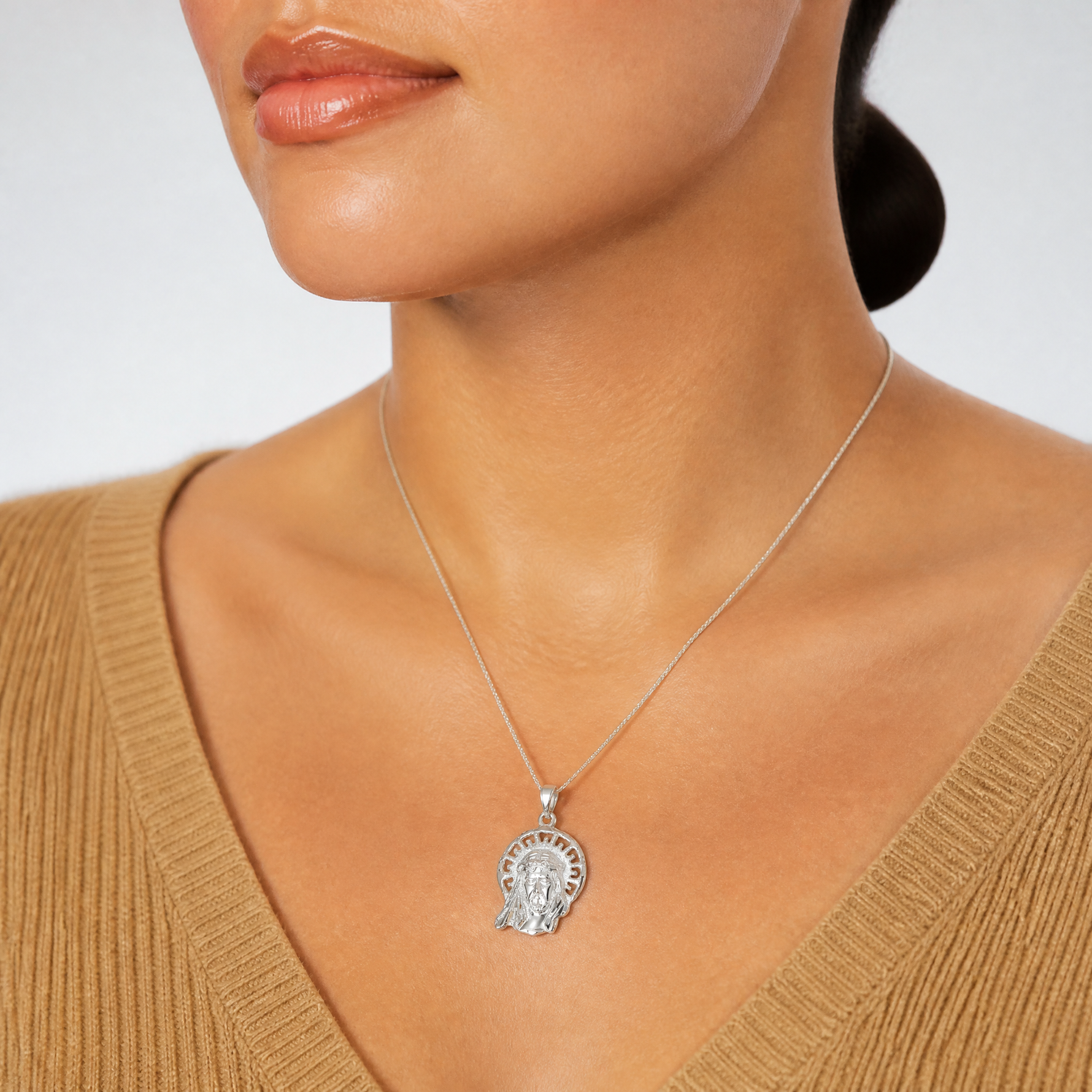 Sterling Silver Polished & Textured Jesus Head Pendant - Model Shot