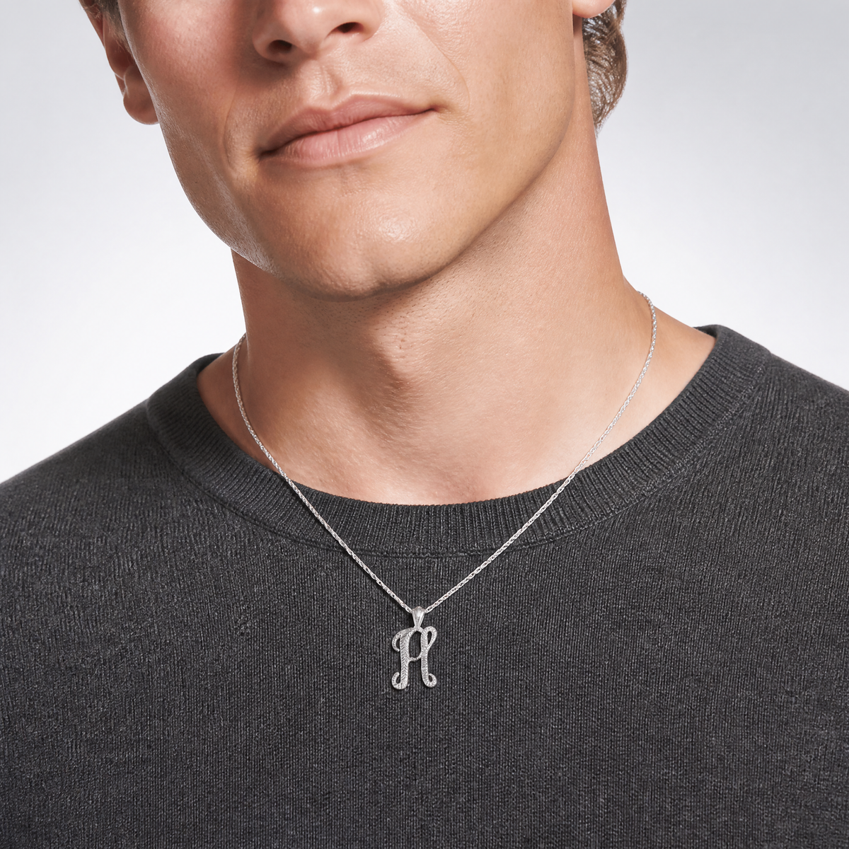 Sterling Silver Polished & Textured Letter H Initial Chain Slide - Model Shot