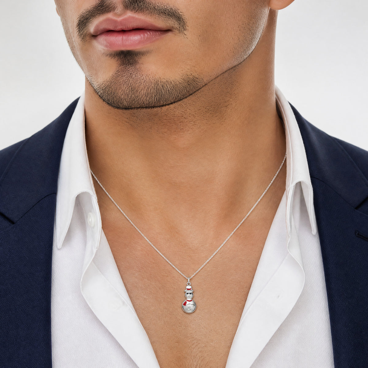 Sterling Silver Polished Enamel Snowman Pendant - Model Shot