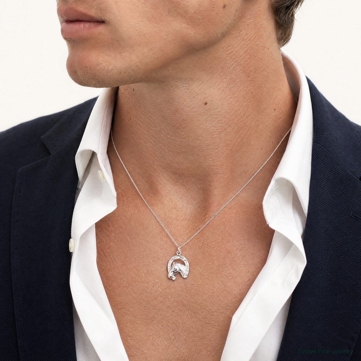 Sterling Silver Polished Horseshoe with Horse Head Pendant - Model Shot