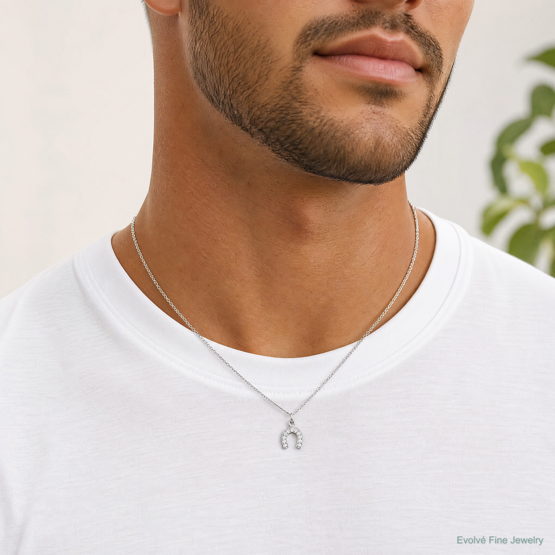Sterling Silver Polished Horseshoe CZ Charm - Model Shot