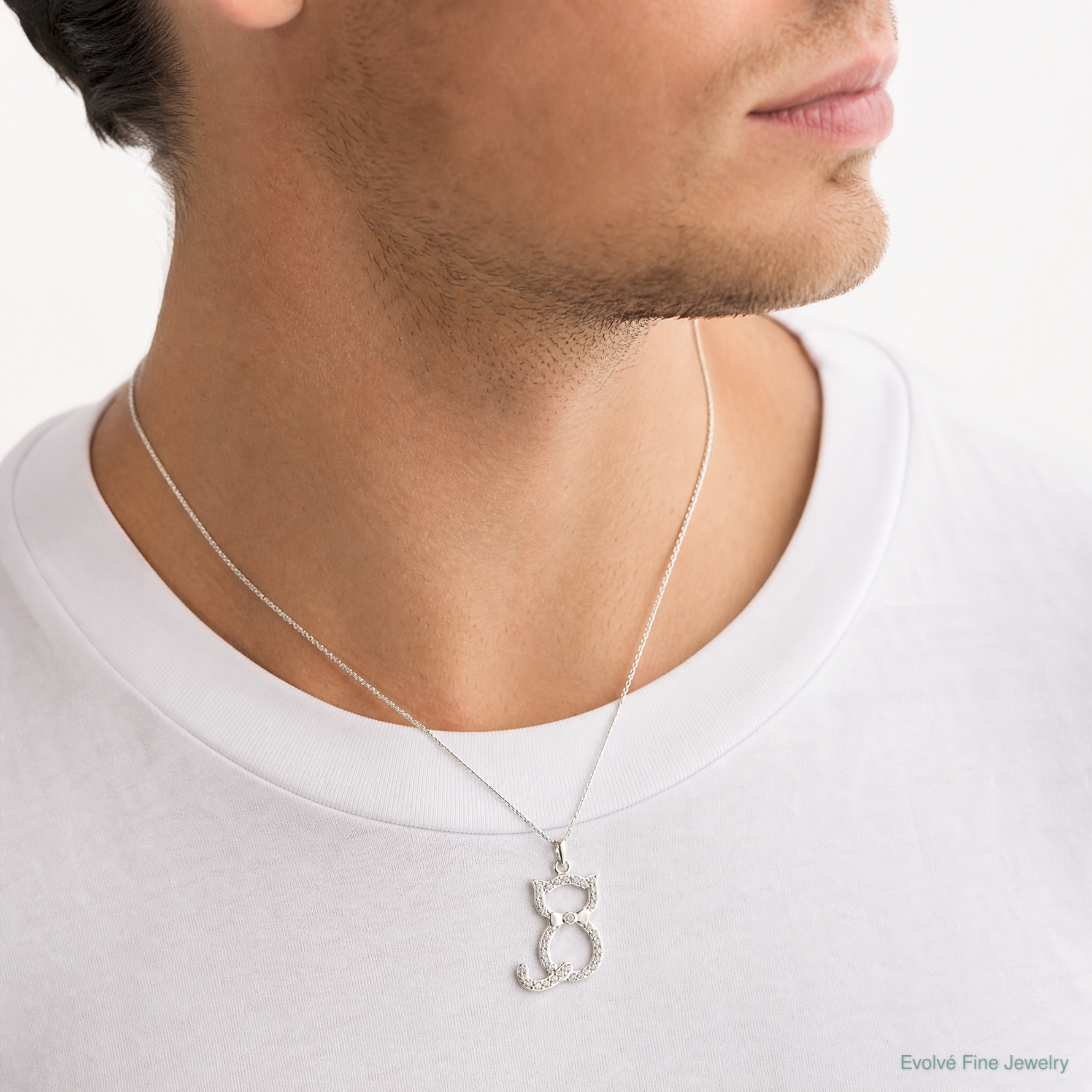 Sterling Silver Polished CZ Cat Pendant - Model Shot
