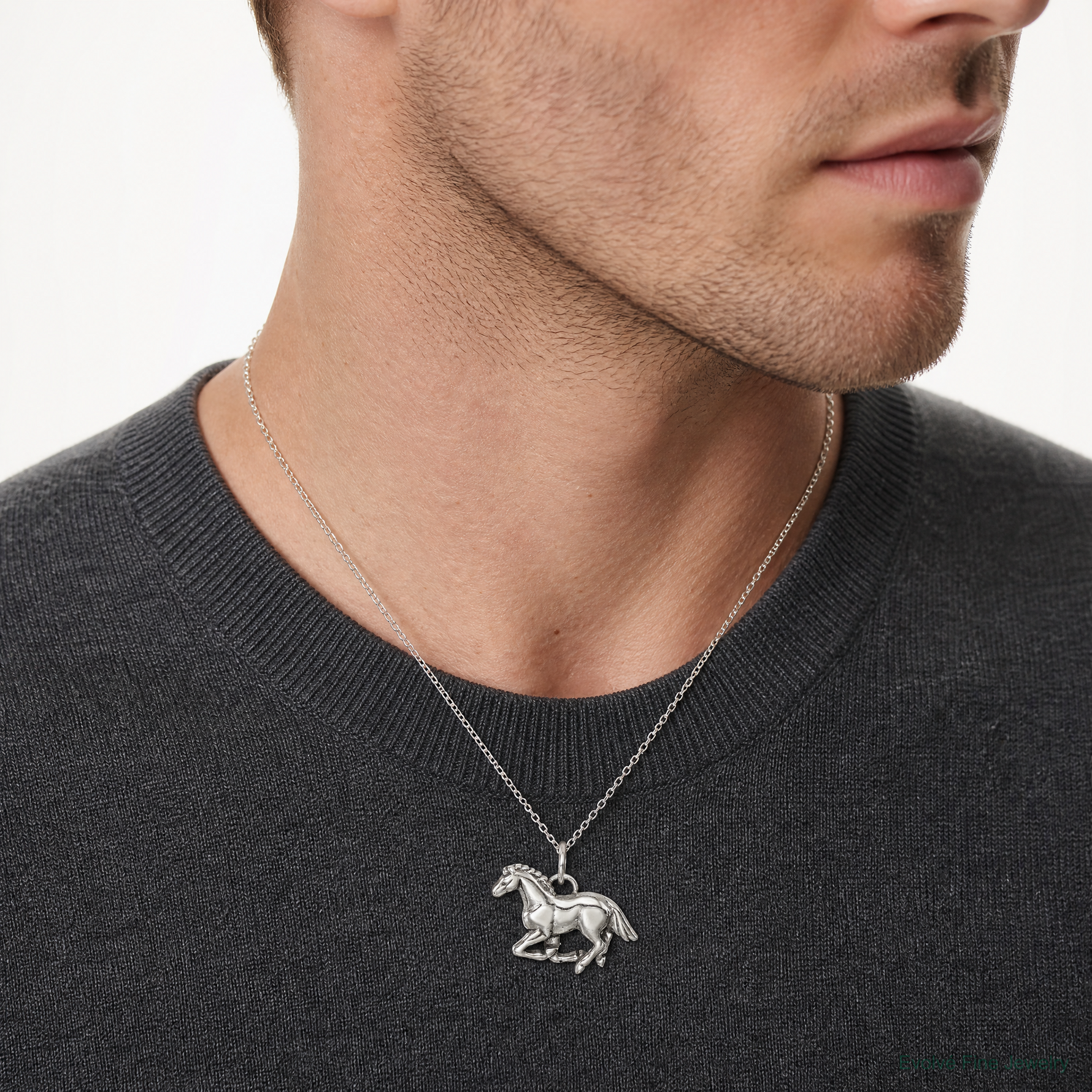 Sterling Silver Antiqued & Textured Horse Pendant - Model Shot