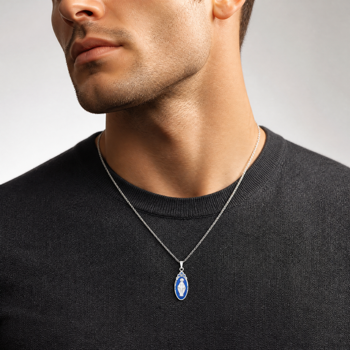 Sterling Silver Satin & D/C Epoxy & Crystal Miraculous Medal Pendant - Model Shot