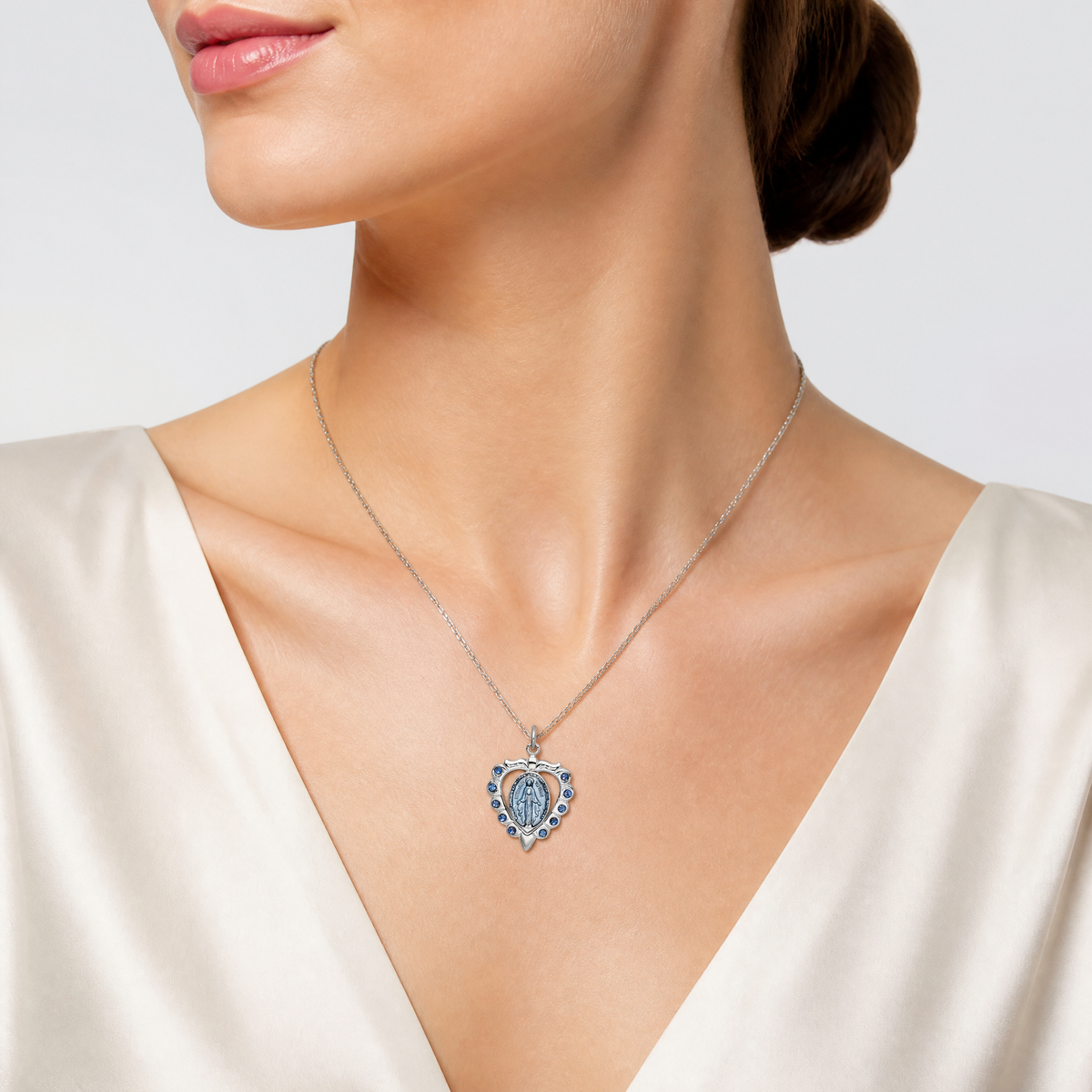 Sterling Silver Epoxy & Crystal Miraculous Medal Heart Pendant - Model Shot