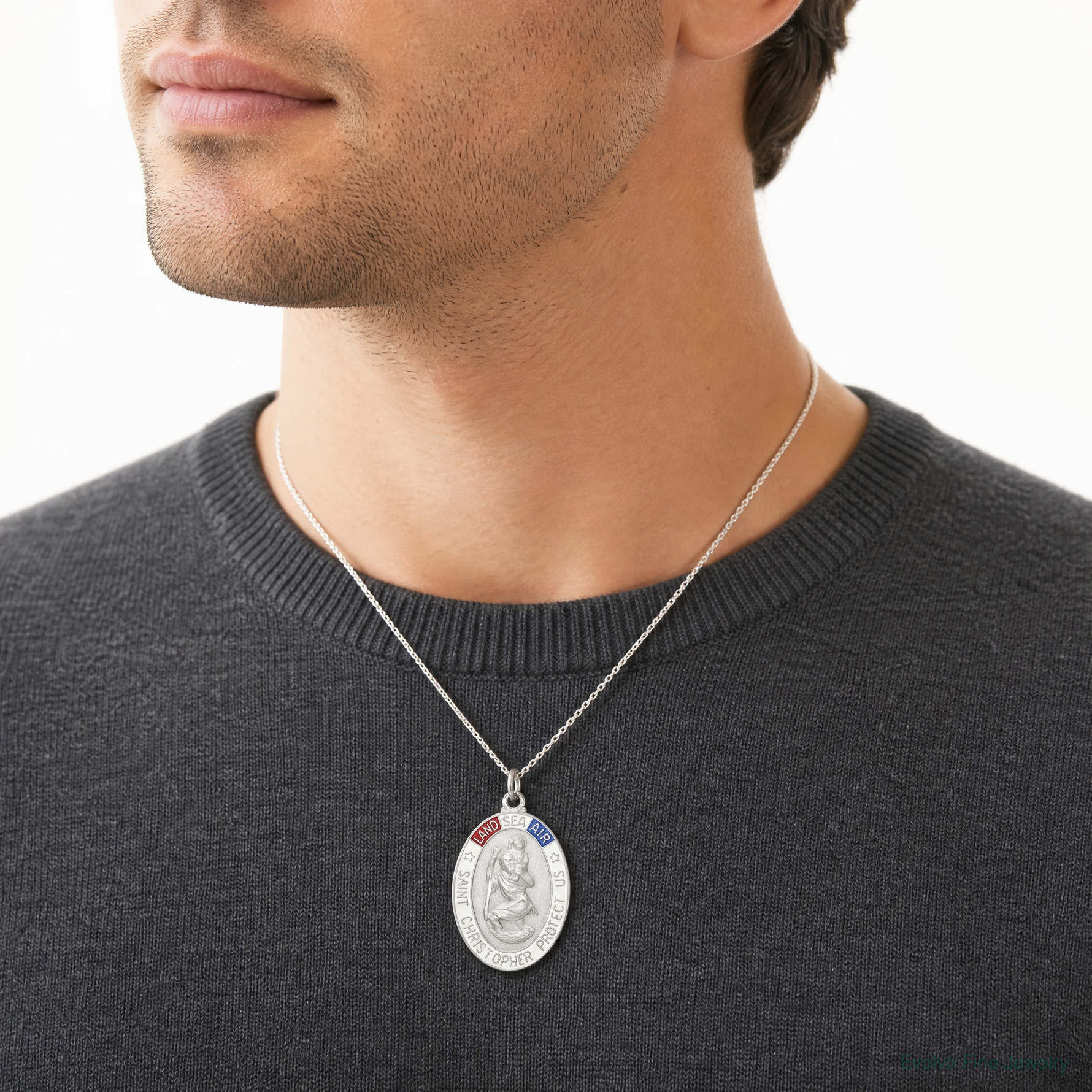 Sterling Silver Satin/Polished/D/C Enamel St Christopher Medal - Model Shot