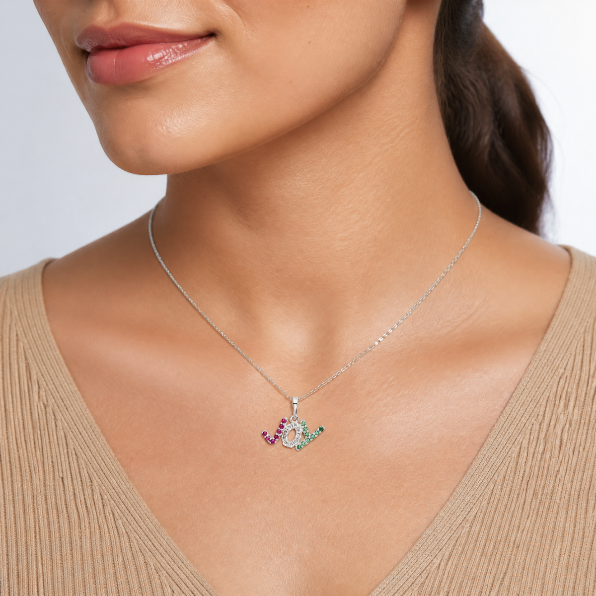 Sterling Silver Polished Red White & Green CZ Joy Pendant - Model Shot