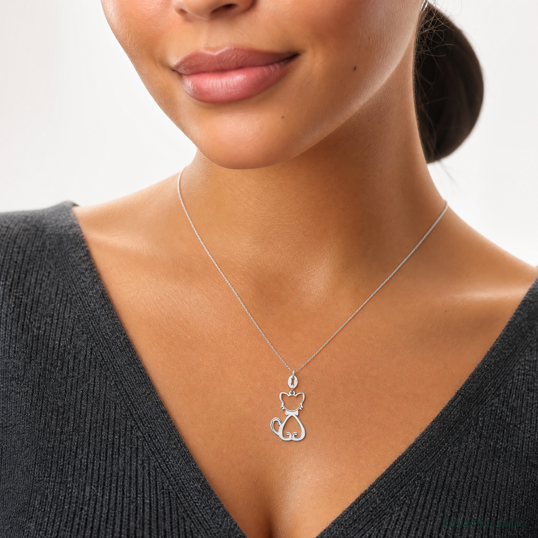 Sterling Silver Polished Cat Charm - Model Shot