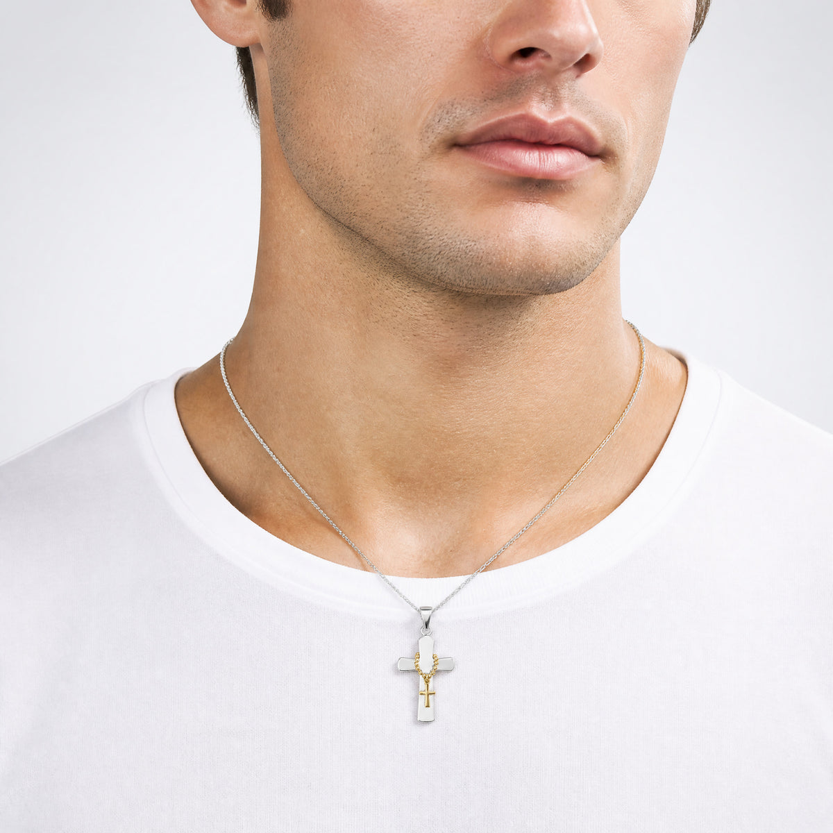 Sterling Silver Rhodium-plated Polished Gold-tone Double Cross Pendant - Model Shot
