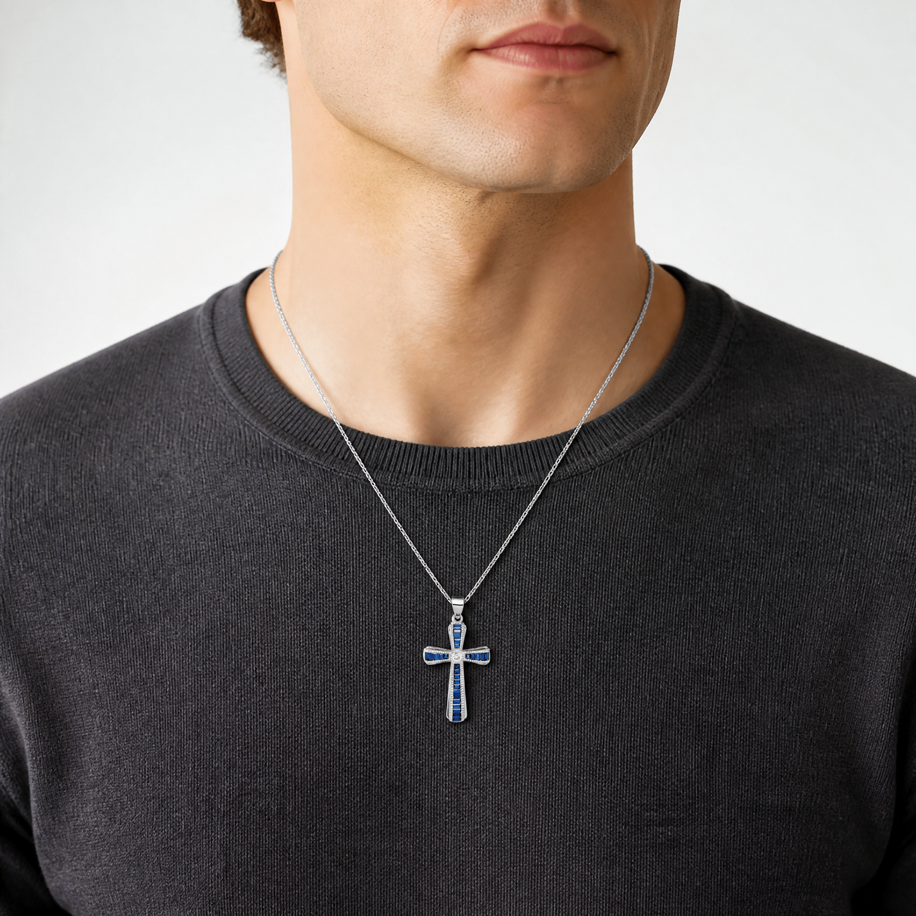 Sterling Silver Rhodium-plated CZ & Lab Cr. Blue Spinel Cross Pendant - Model Shot