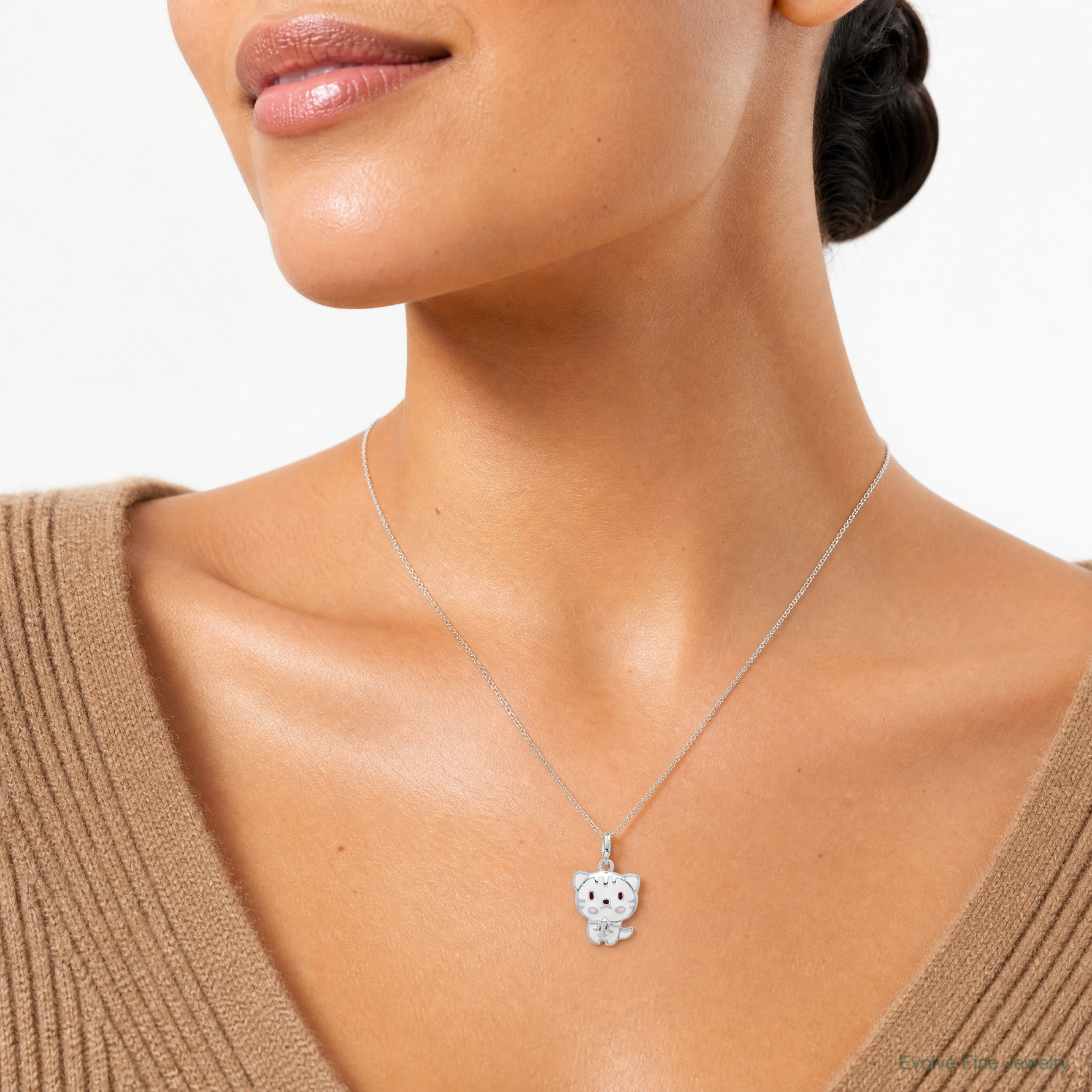 Sterling Silver Rhodium-plated Enameled Kitten w/Lobster Clasp Charm - Model Shot