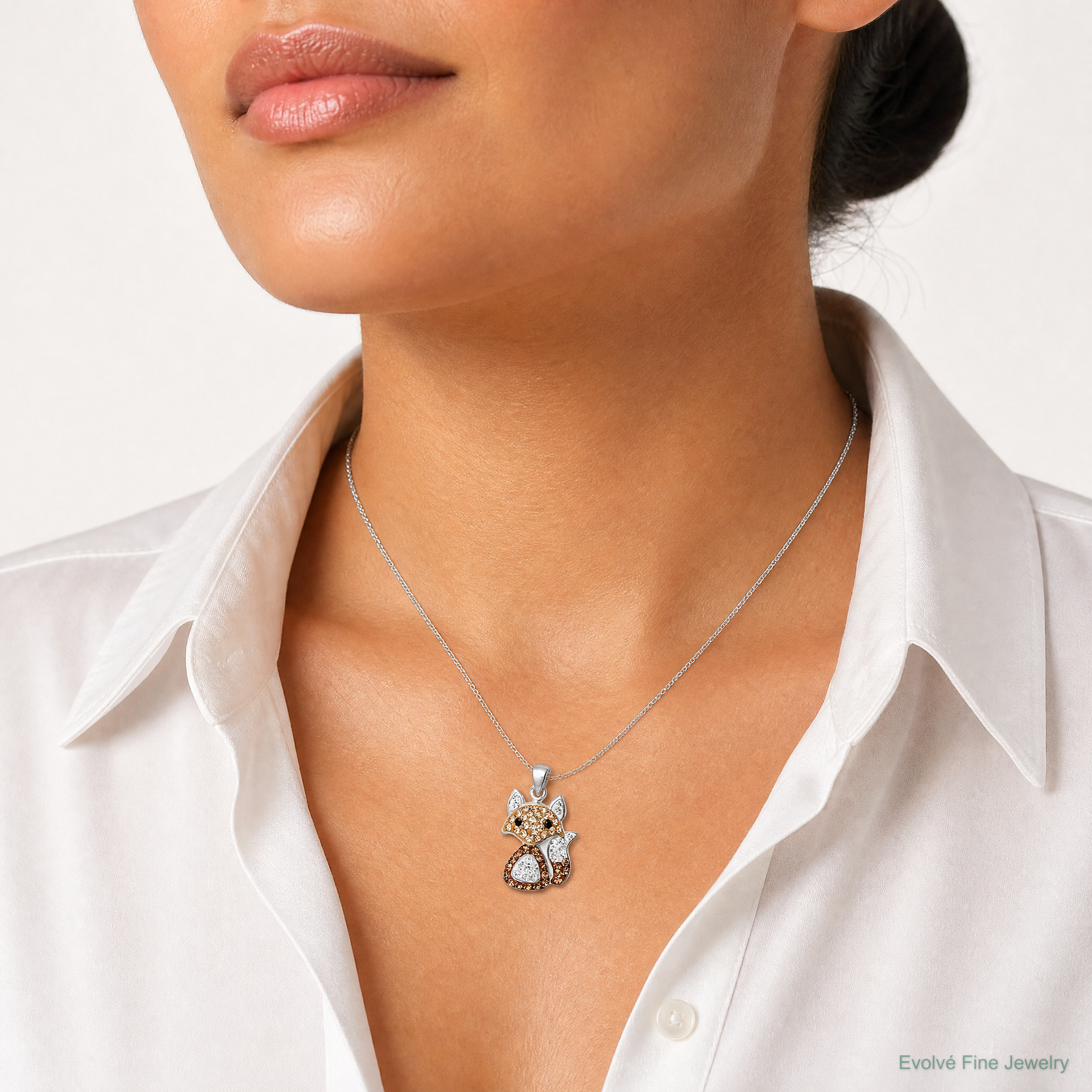 Sterling Silver Rhodium-plated Tan Preciosa Crystal Fox Pendant - Model Shot