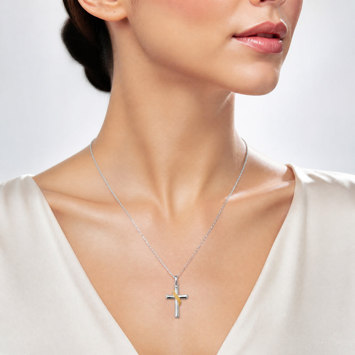 Sterling Silver Platinum-plated & Gold-tone Cross Pendant - Model Shot