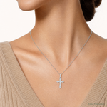 Sterling Silver Rhodium-plated Striped Texture Cross Pendant - Model Shot
