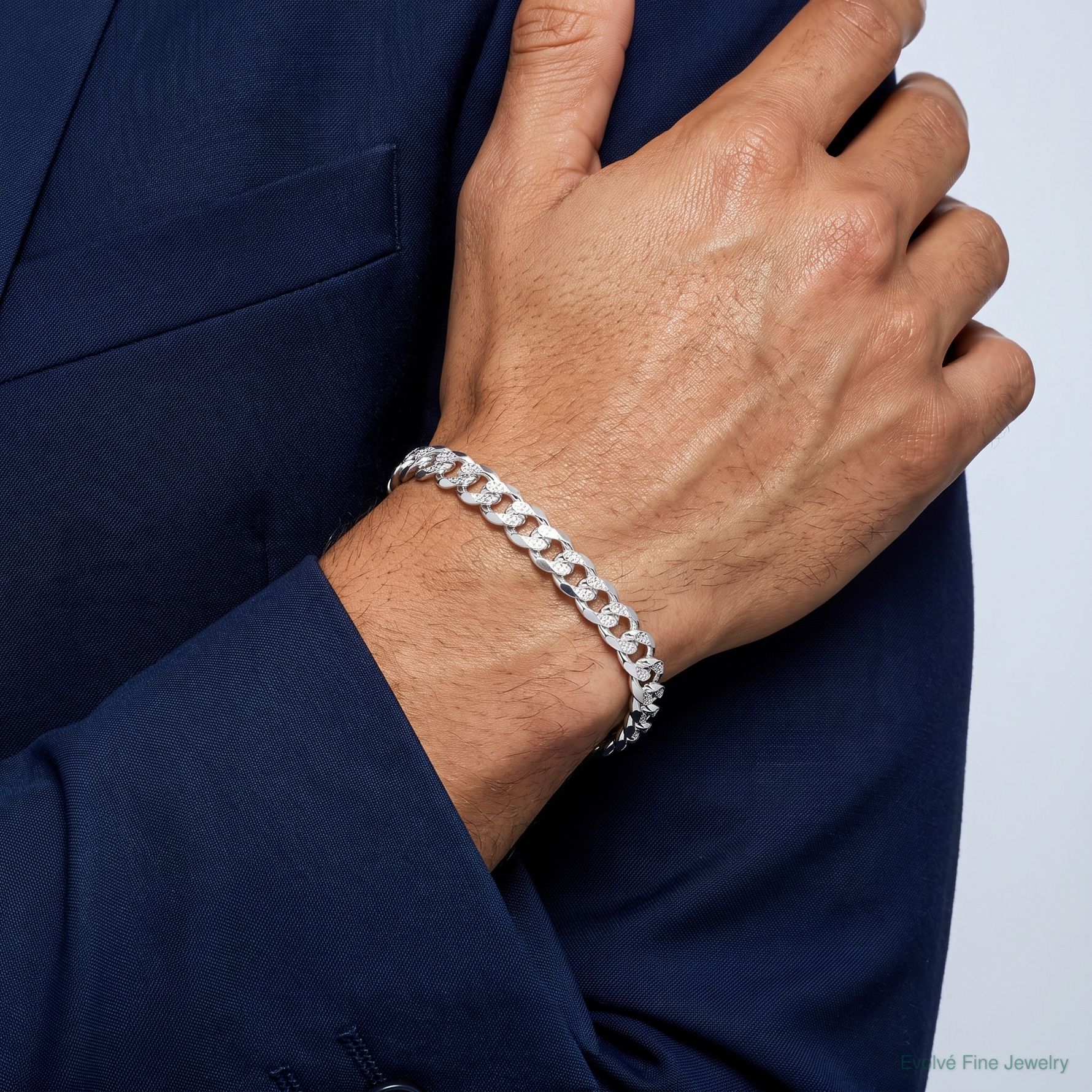 Sterling Silver 8.3mm Pavé Curb Chain - Model Shot