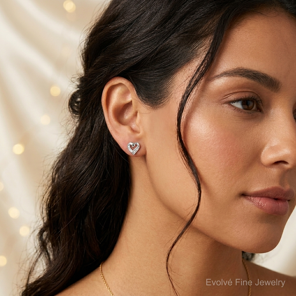 Sterling Silver Rhodium Diamond Heart Post Earrings - Model Shot