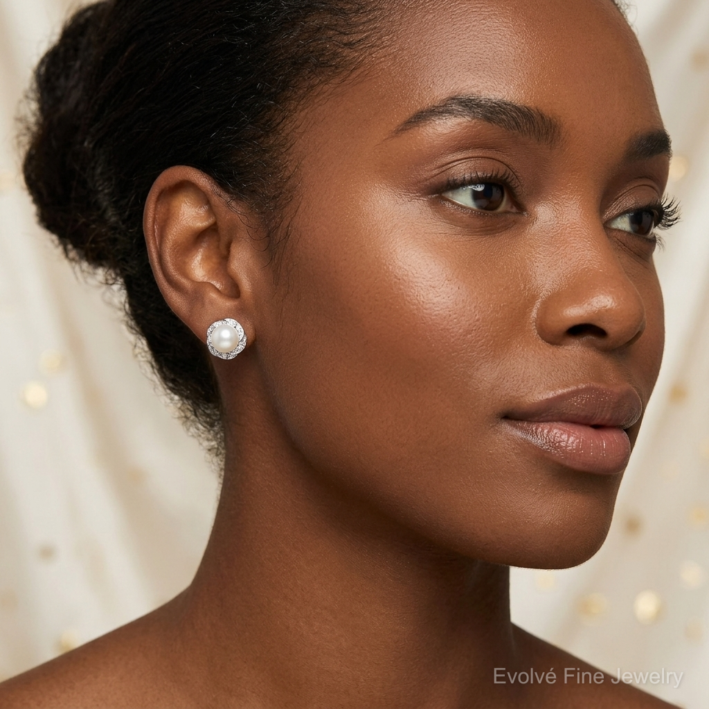 Sterling Silver Rhodium FW Cultured Pearl & Diamond Post Earrings - Model Shot