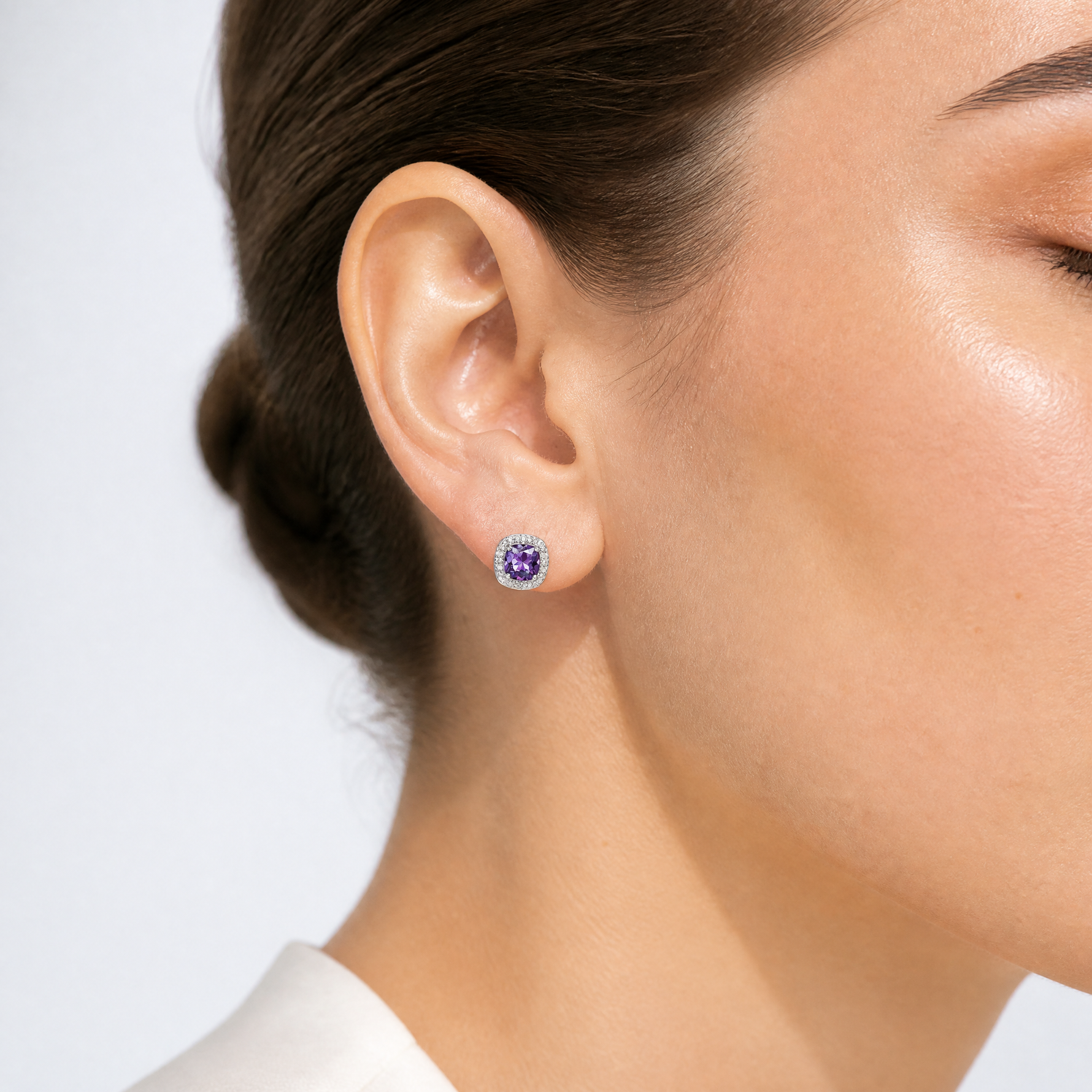 Sterling Silver Rhodium Plated Amethyst and Diamond Post Earrings - Model Shot