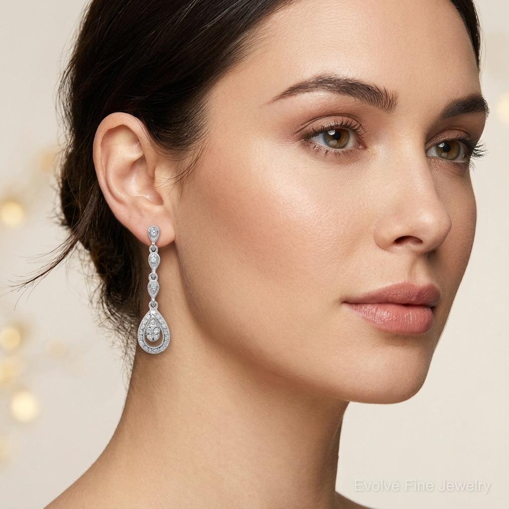 Sterling Silver Rhodium & Diam. Teardrop Post Dangle Earrings - Model Shot