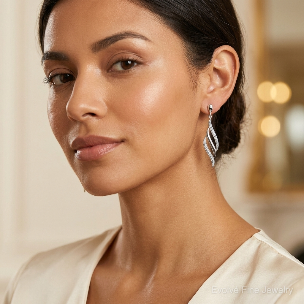 Sterling Silver Rhodium Plated Diamond Swirl Post Dangle Earrings - Model Shot